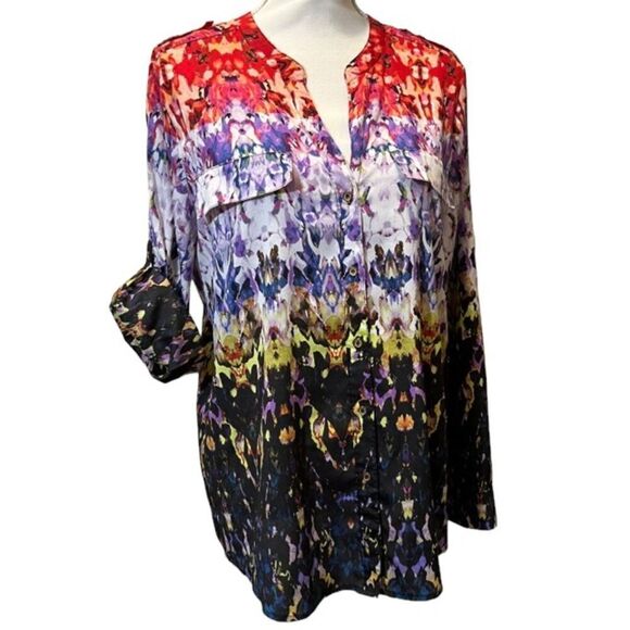Calvin Klein Button Front Top Silky Abstract Artsy Black Blue Red Size Large - Picture 8 of 13